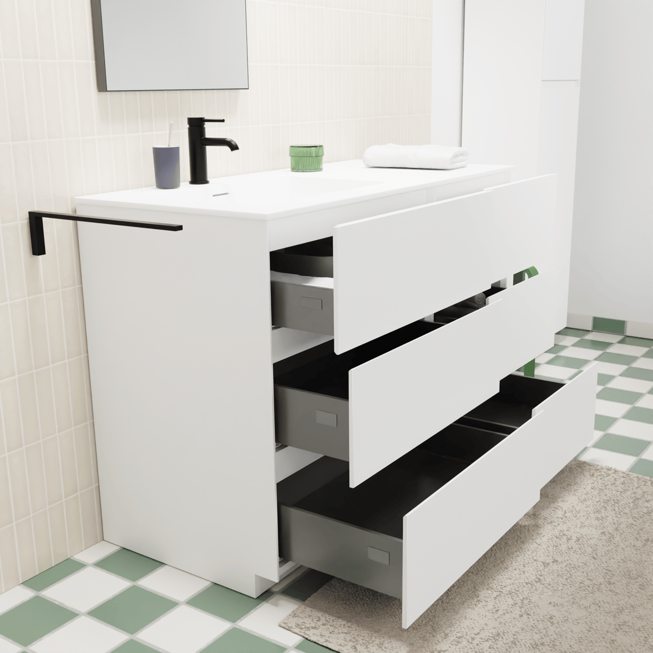 Storke Edge staand badkamermeubel 110 x 52 cm mat wit met Mata asymmetrisch linkse wastafel in solid surface mat wit