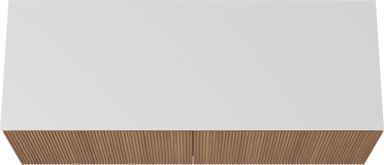 Balmani Eclips meuble salle de bains suspendu 150 x 55 cm Teck avec Stretto tablette simple ou double en Solid Surface blanc mat, Nervure droite symétrique verticale