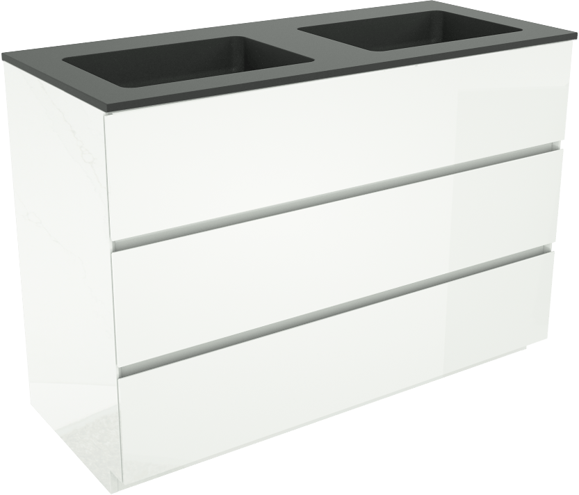 Storke Edge freistehendes Möbelstück Set: 120 x 52 cm, Weiß glänzend, mit Scuro Doppelwaschtisch, Quarz Schwarz matt