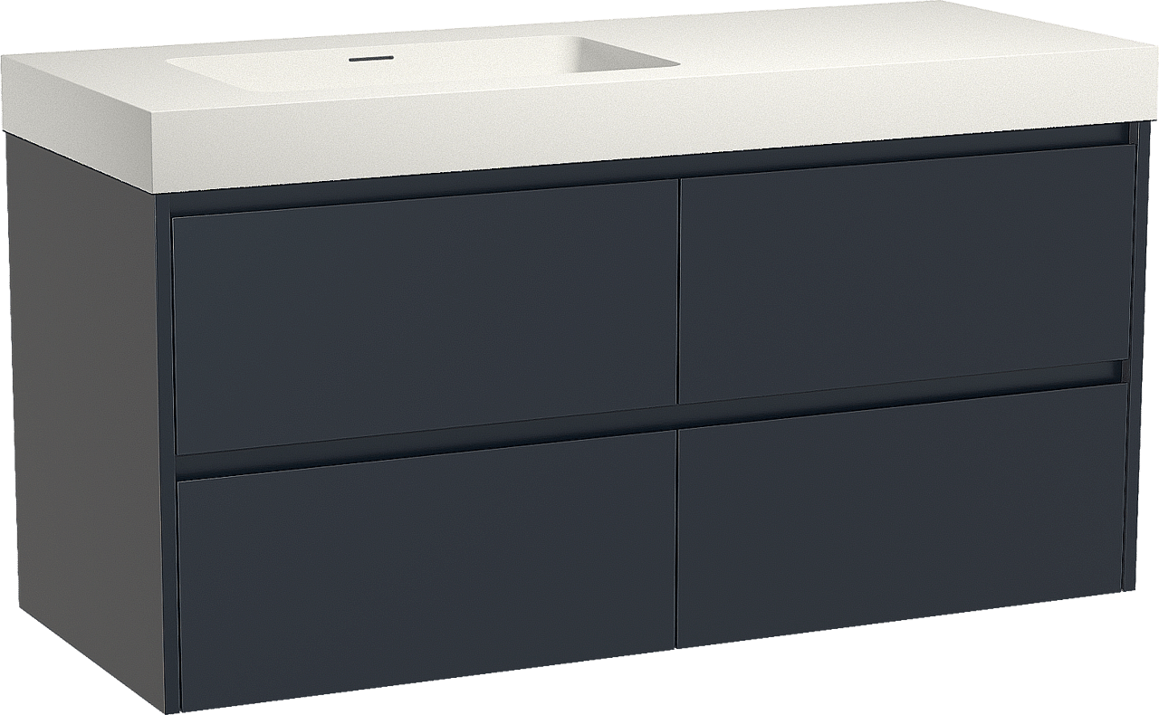 Storke Seda meuble salle de bains suspendu 130 x 52 cm bleu nuit avec Mata High vasque asymétrique gauche en solid surface blanc mat