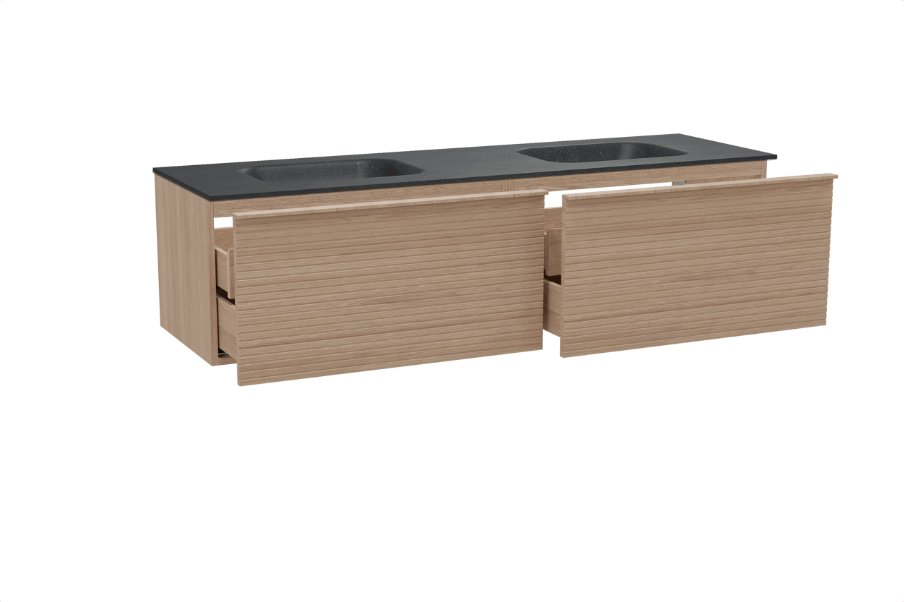 Balmani Forma zwevend badmeubel 180 x 55 cm naturel eiken met Tablo Arcato dubbele wastafel in zwart graniet, Horizontale symmetrische rechte ribbel