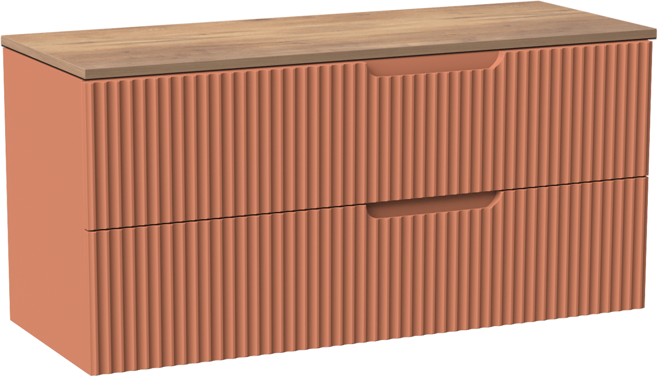 Linie Ribbo zwevend badmeubel 120 x 46 cm cotto met Lado enkel of dubbel wastafelblad in melamine naturel eiken, Verticale symmetrische ronde ribbel