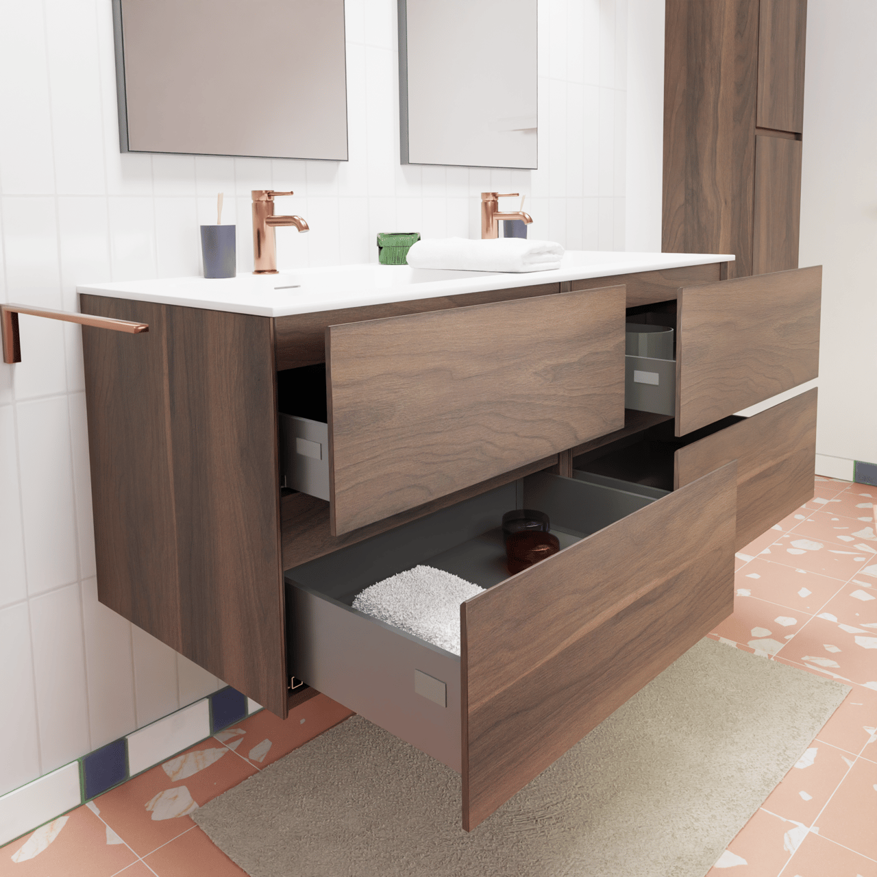Storke Edge zwevend badmeubel 130 x 52 cm notenhout met Mata dubbele wastafel in solid surface mat wit