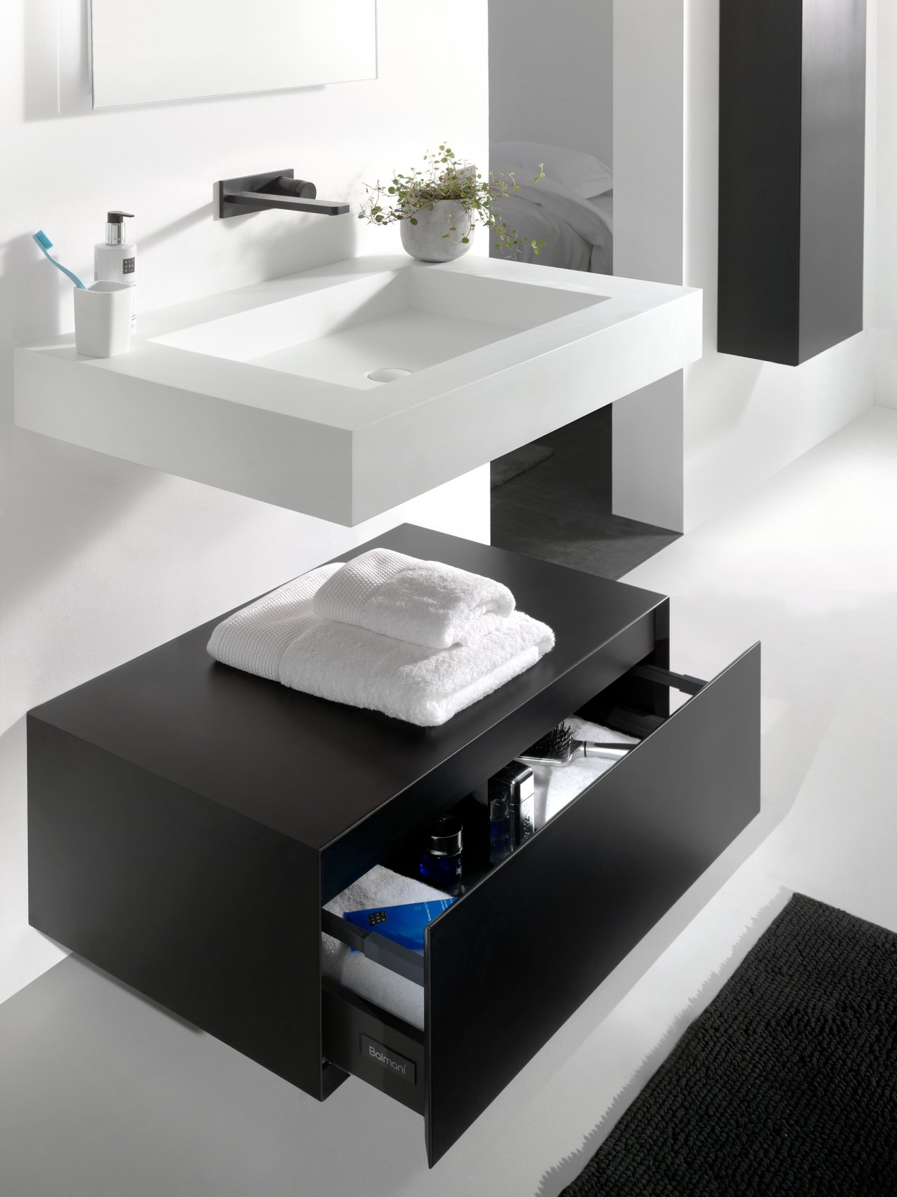 Balmani Mitra Elements hängender Waschbeckenunterschrank: 90 x 50 cm, Schwarz matt, 1 Schublade