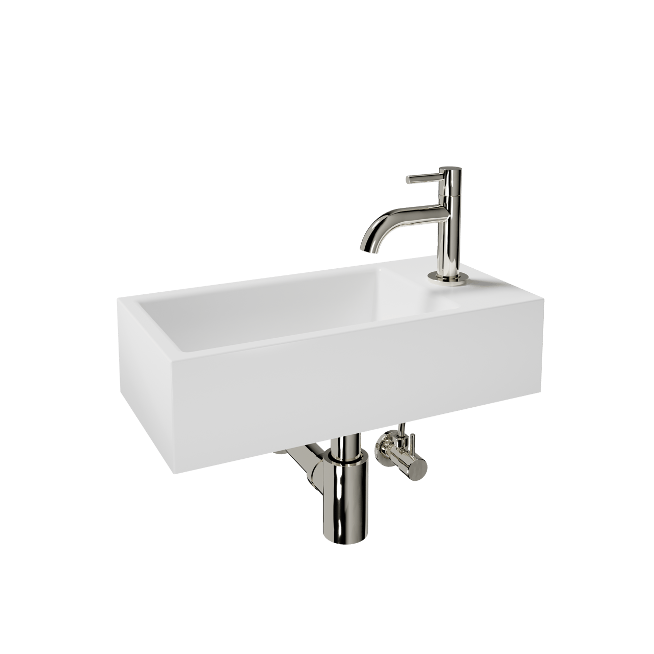 Luca Varess Cubic Handwaschbecken Set, Keramik weiß glänzend, 40,5 x 20 cm, Rechts, inklusive Chrom Wasserhahn und Zubehör