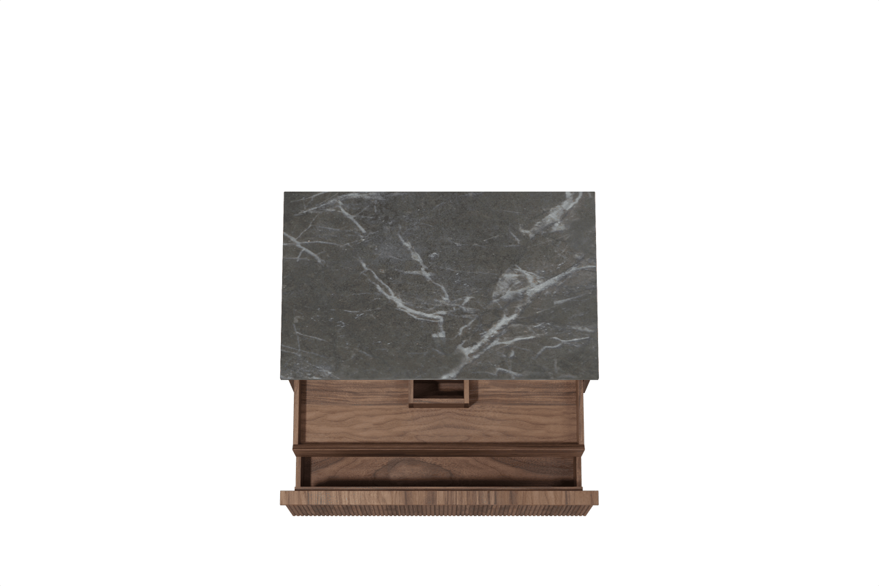 Balmani Forma hängendes Möbelstück Set: 90 x 55 cm, Amerikanischer Nussbaum, mit Stretto Einzel Waschtischplatte, Marmor, Pietra Grey, Vertikale symmetrische gerade Rippe