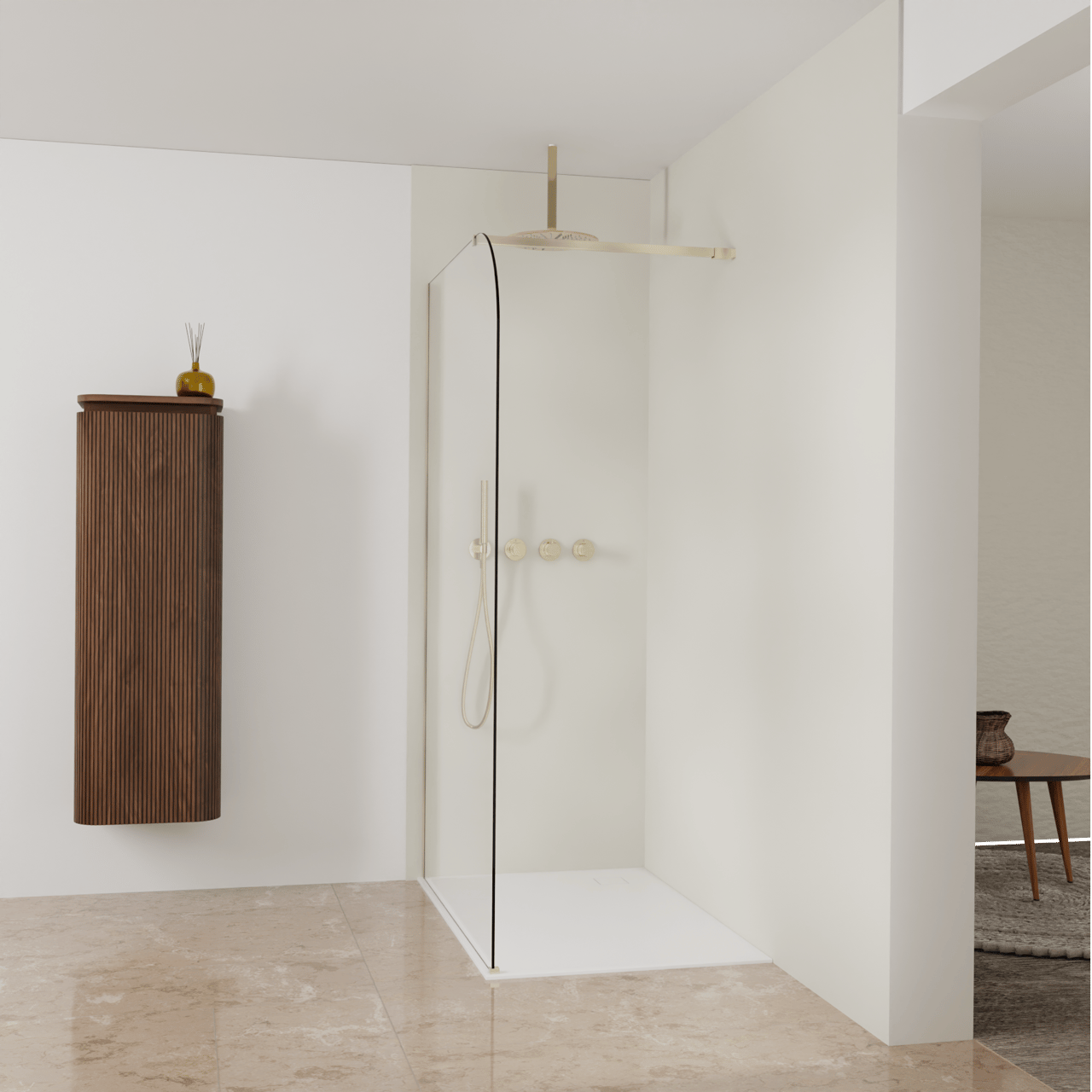 Balmani Modular inloopdouche: 120 x 200 cm, Helder glas afgerond met coating, Brushed Champagne Gold profielen