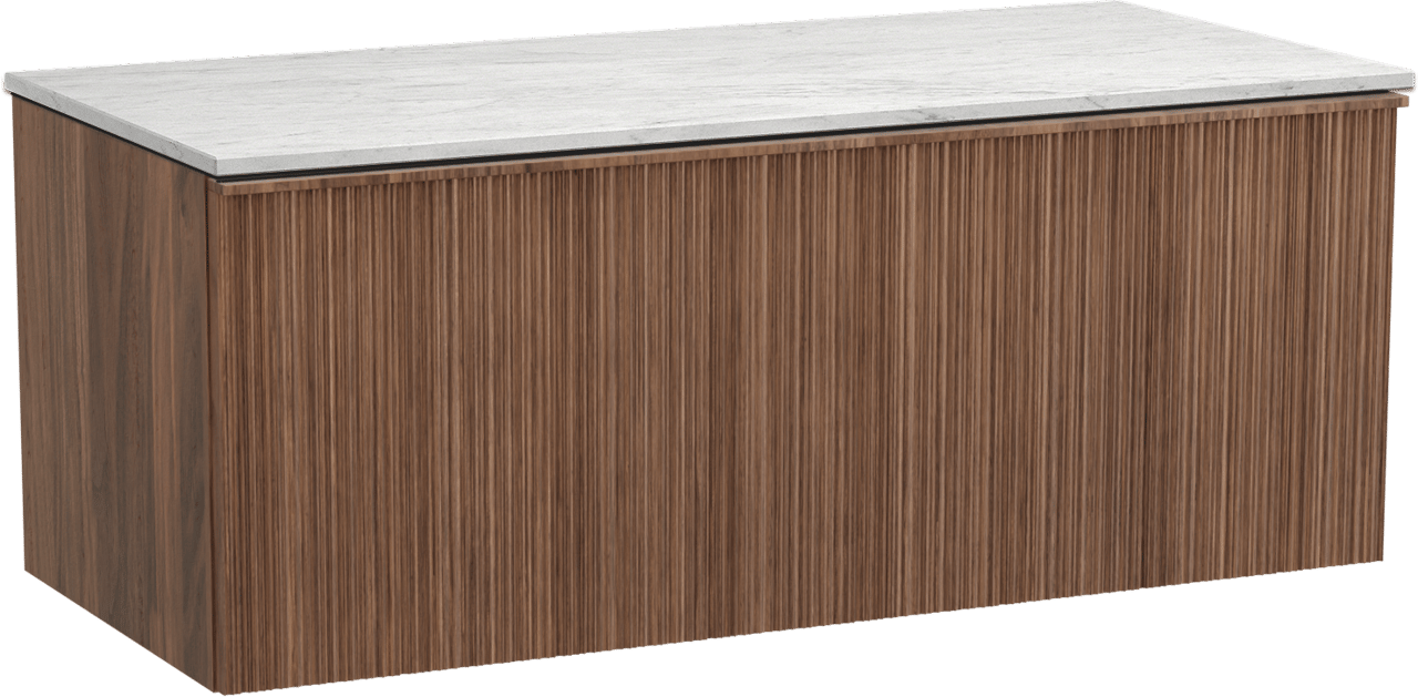 Balmani Forma zwevend badmeubel 120 x 55 cm amerikaans notenhout met Stretto enkel of dubbel wastafelblad in marmer carrara, Verticale asymmetrische ronde ribbel