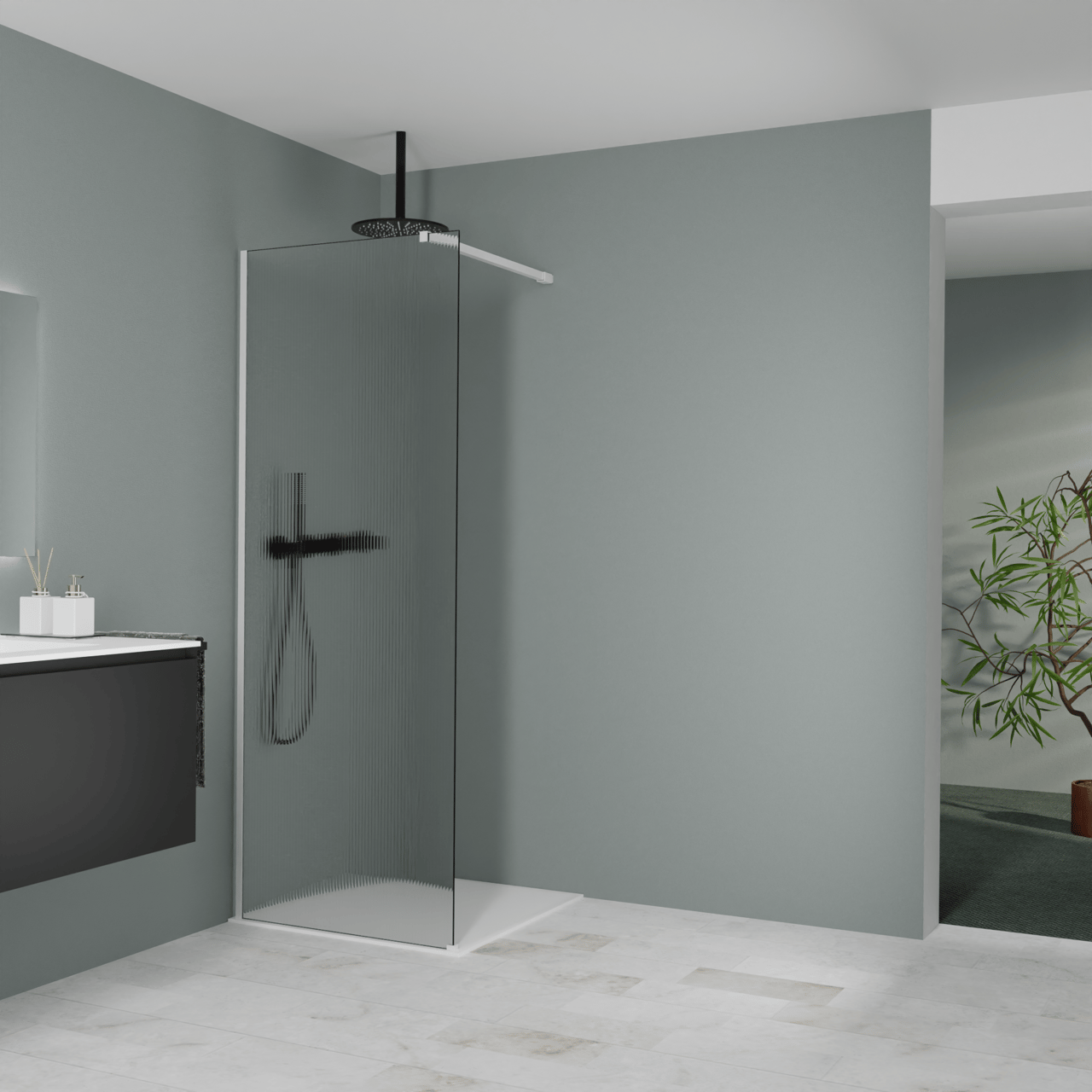 Balmani Modular inloopdouche: 80 x 200 cm, Ribs met coating, Mat witte profielen