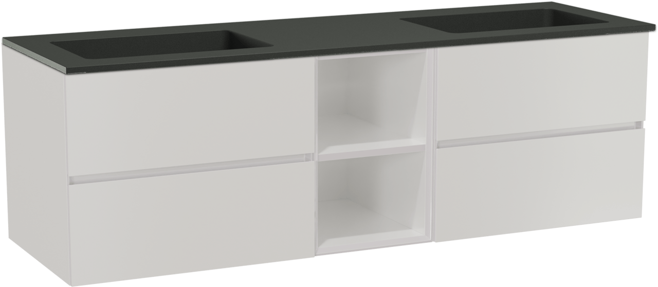 Storke Edge zwevend badmeubel 165 x 52 cm hoogglans wit met Scuro dubbele wastafel in kwarts mat zwart