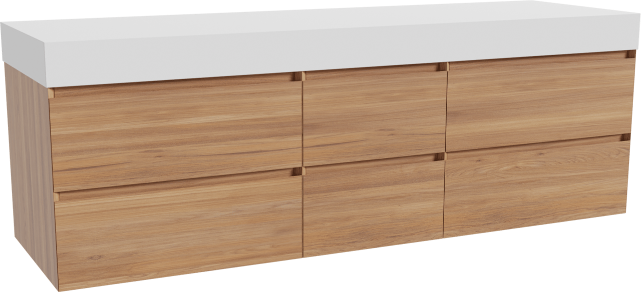 Balmani Mitra meuble salle de bains suspendu 180 x 55 cm teck avec Dominus tablette simple ou double en solid surface blanc mat