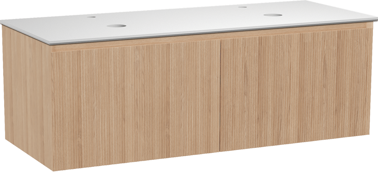 Balmani Fila by Mitra hängendes Möbelstück Set: 135 x 55 cm, Naturbelassene Eiche, mit Facetta Doppel Waschtischplatte, Solid Surface, Weiß matt, Vertikale symmetrische gerade Rippe