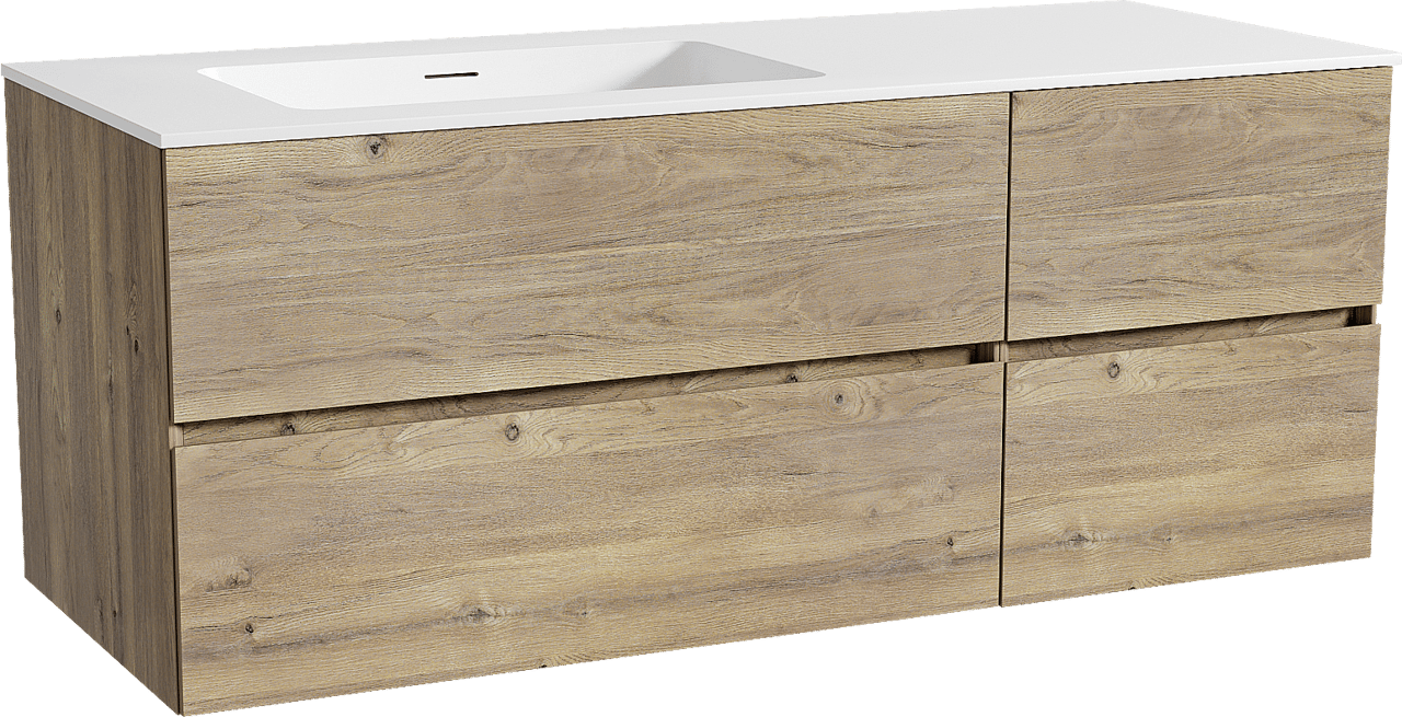 Storke Edge zwevend badkamermeubel 130 x 52 cm ruwe eik met Mata asymmetrisch linkse wastafel in solid surface mat wit