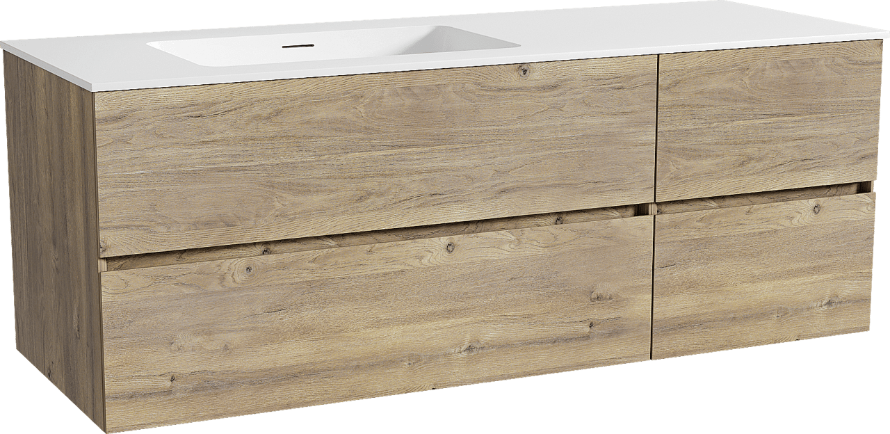Storke Edge zwevend badkamermeubel 140 x 52 cm ruwe eik met Mata asymmetrisch linkse wastafel in solid surface mat wit