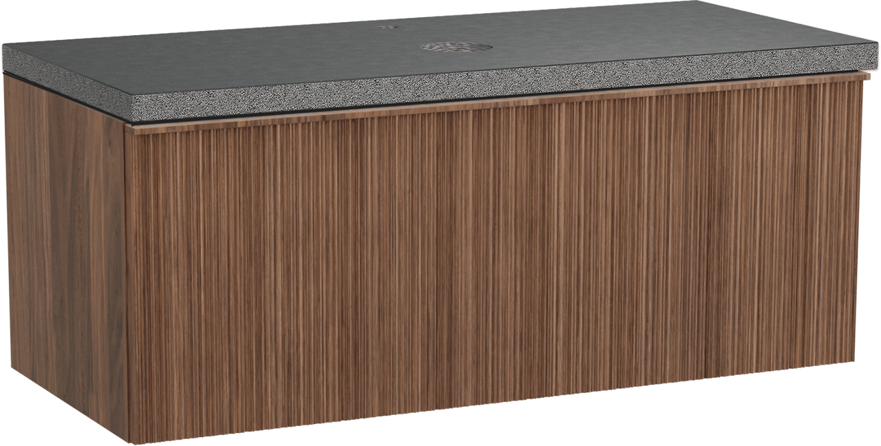 Balmani Forma meuble salle de bains suspendu 120 x 55 cm noyer américain avec Rock tablette simple en granit noir, Nervure circulaire asymétrique verticale