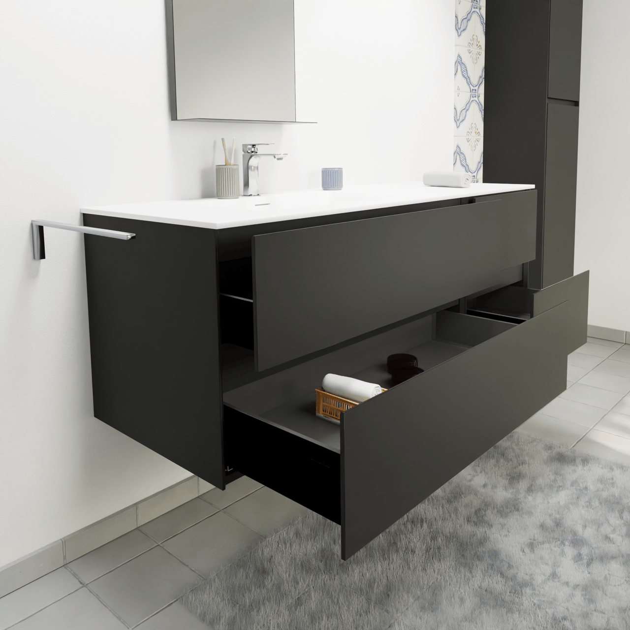 Storke Edge meuble salle de bains suspendu 140 x 52 cm noir mat avec Mata plan vasque asymétrique à gauche en solid surface blanc mat