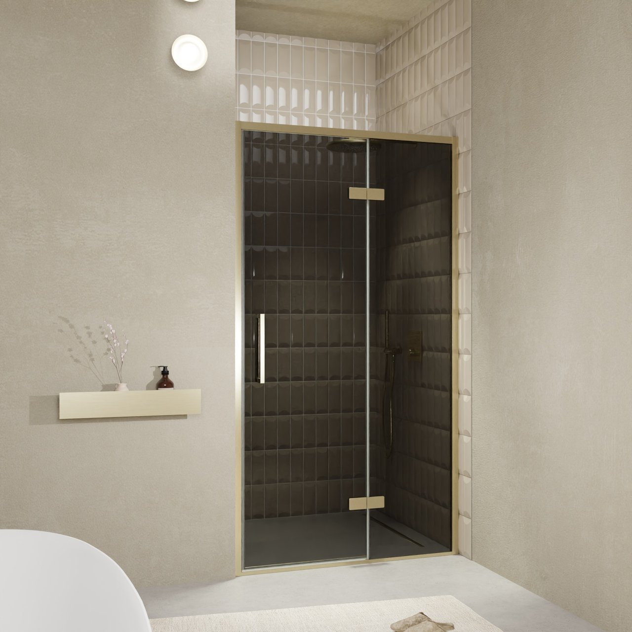 Balmani Senses Design Dusche Drehtür, Rechts, 120 cm x 210 cm, Rauchglas, Profil Brushed Champagner Gold, inklusive Coating