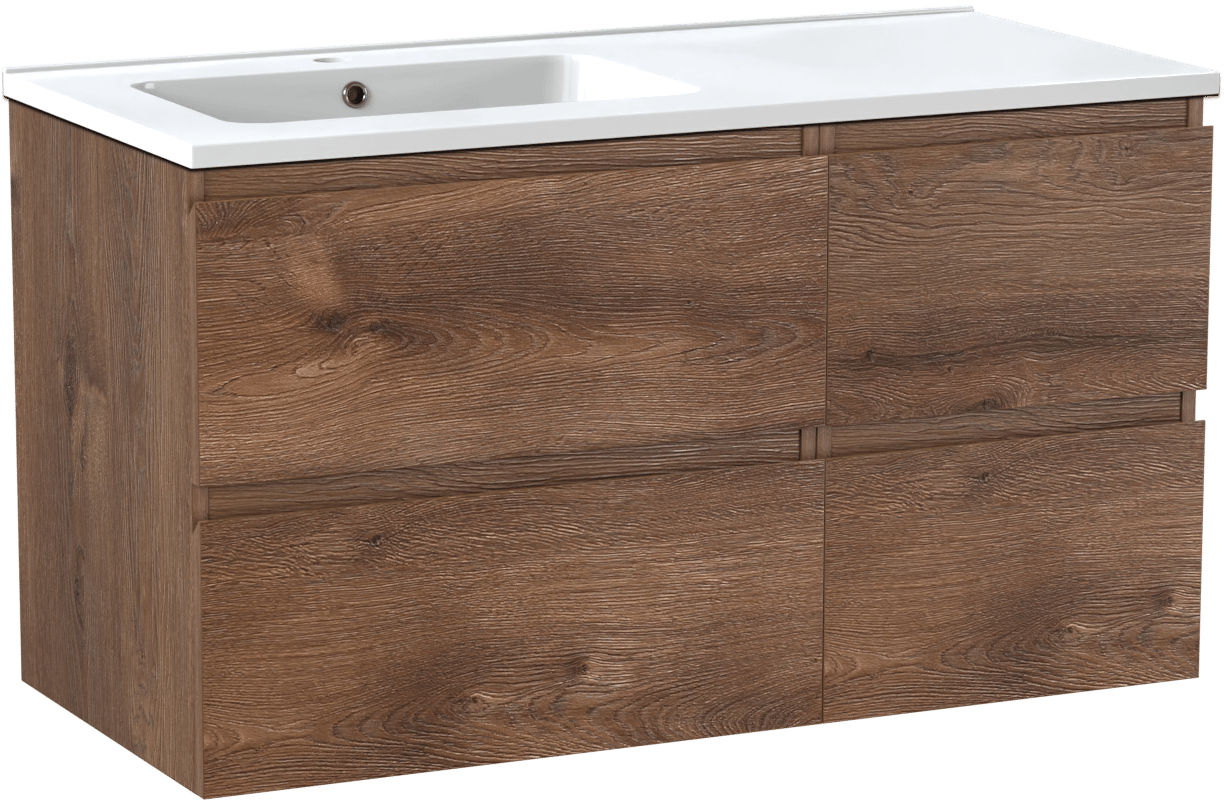 Linie Lado zwevend badmeubel 100 x 46 cm bruin eiken met Vano asymmetrisch linkse wastafel in composietmarmer hoogglans wit