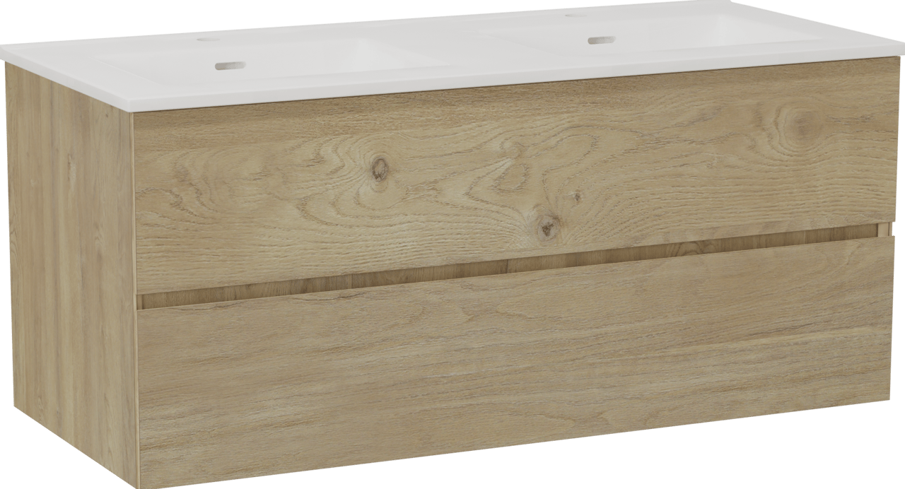 Storke Edge zwevend badmeubel 120 x 52 cm ruw eiken met Kera dubbele wastafel in porselein hoogglans wit, afvoerpluggen inbegrepen