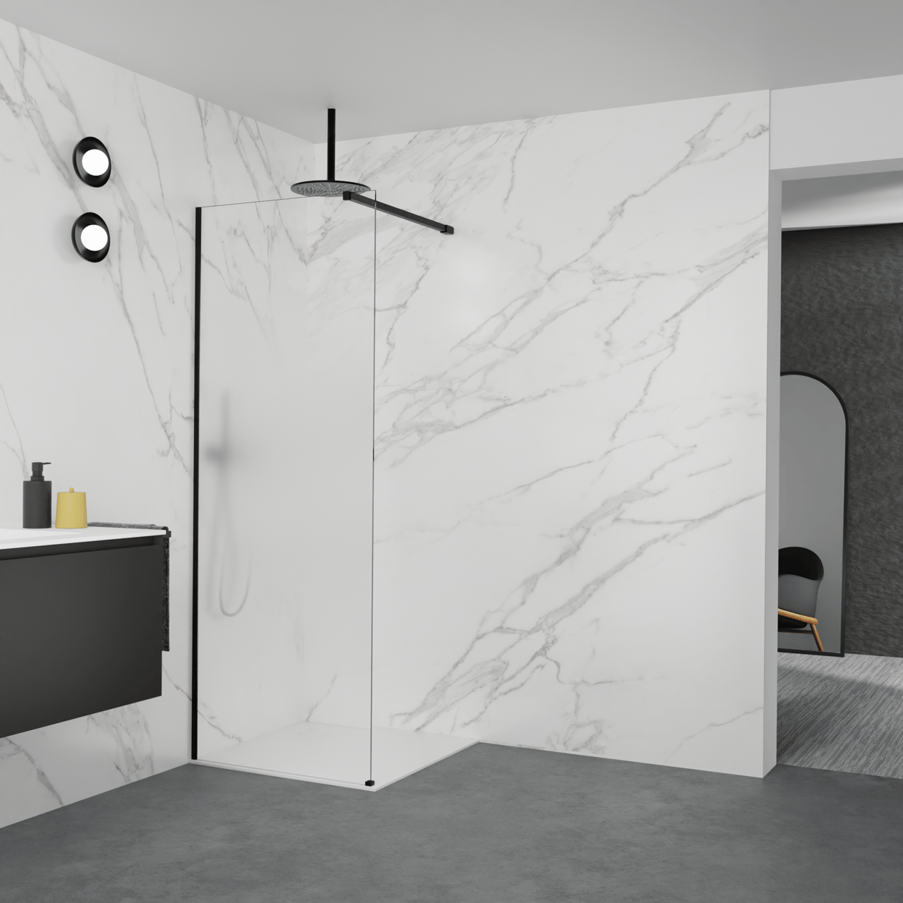 Balmani Modular douche à l'italienne: 80 x 200 cm, Permafrost, avec coating, Profil Noir mat