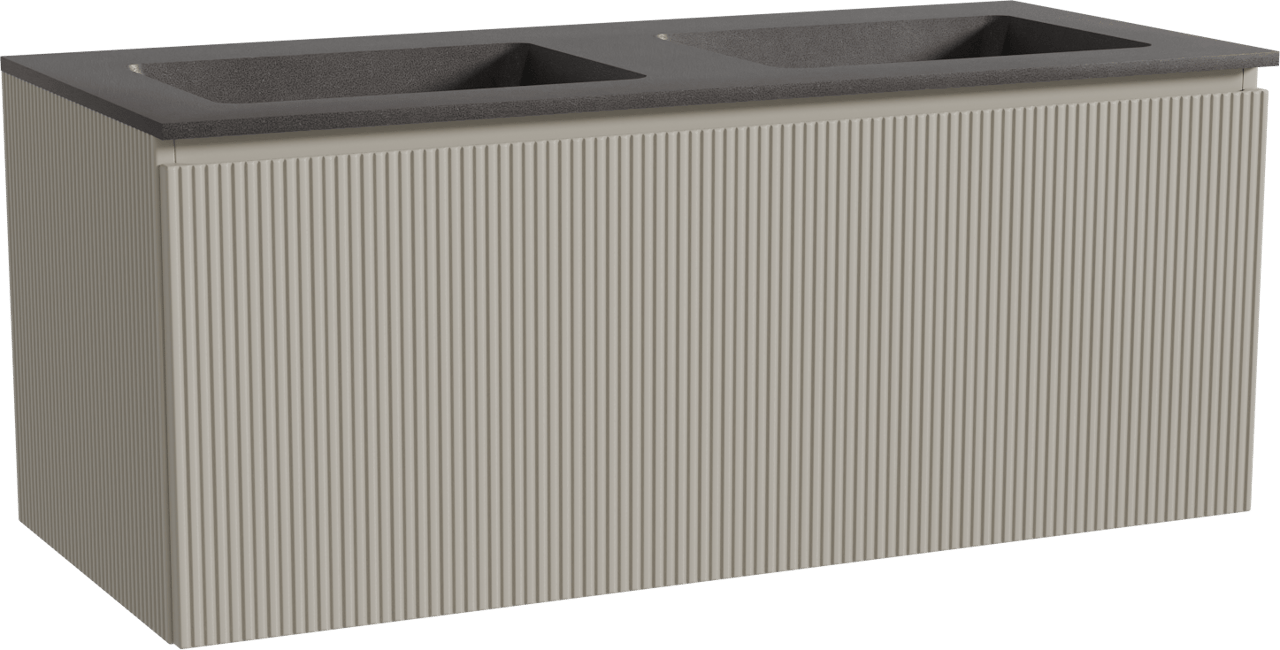 Storke Ribs zwevend badmeubel 120 x 52 cm zijdegrijs met Scuro dubbele wastafel in kwarts mat zwart, Verticale symmetrische rechte ribbel