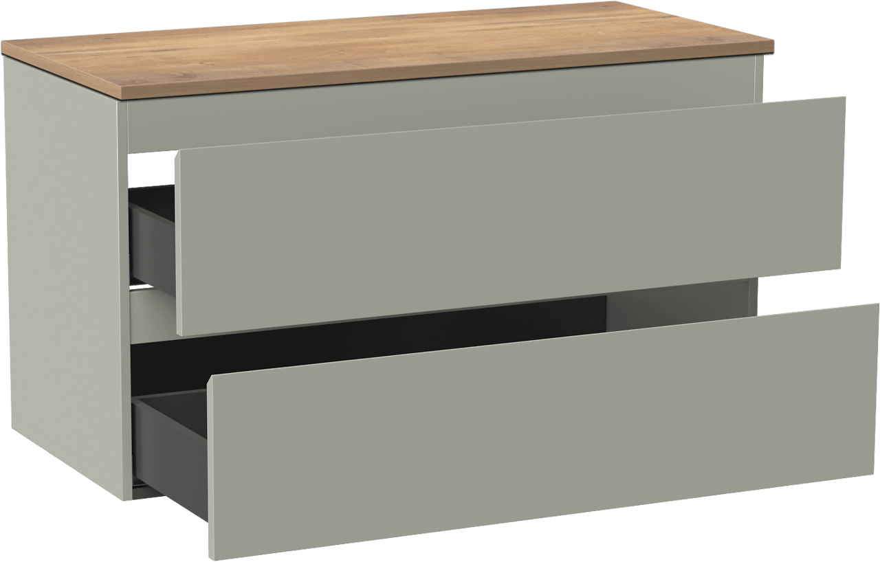 Linie Lado zwevend badkamermeubel 100 x 46 cm greige met Lado enkel of dubbel tablet in melamine natuur eik