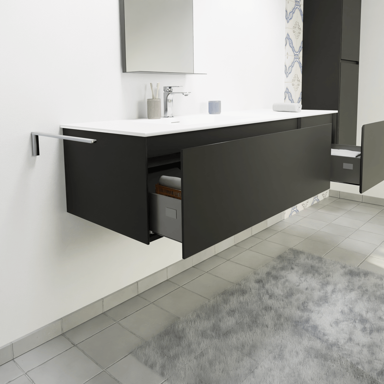 Storke Edge zwevend badkamermeubel 150 x 52 cm mat zwart met Panton enkel of dubbel tablet in gepoedercoate mdf mat zwart