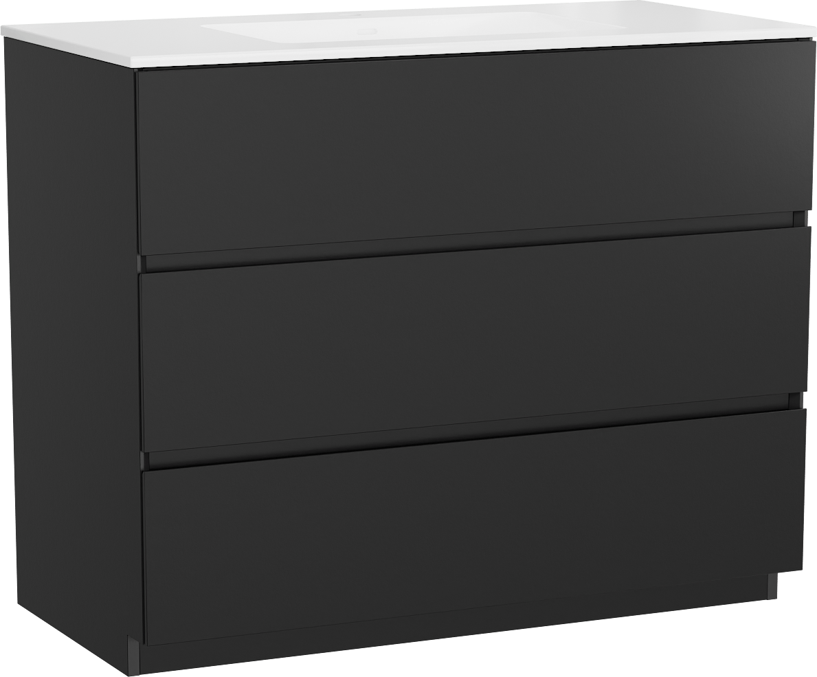 Storke Edge freistehendes Möbelstück Set: 105 x 52 cm, Schwarz matt, mit Bilia Einzelwaschtisch, Marmorkomposit Weiß glänzend