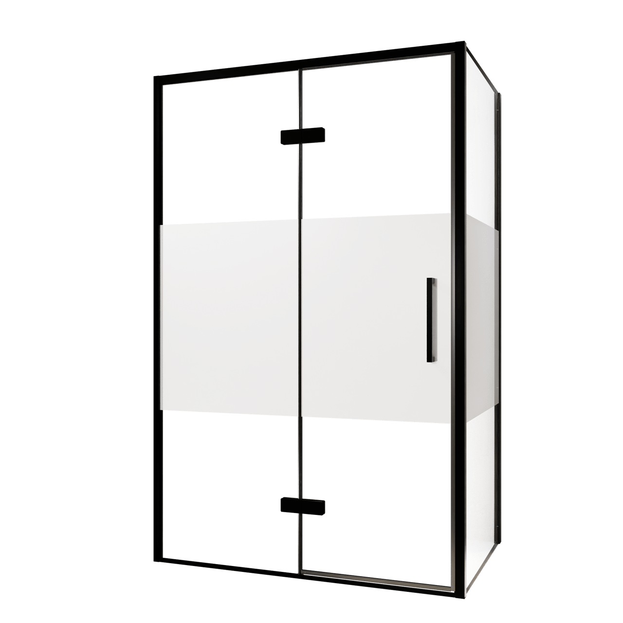 Balmani Senses Design douchehoek met linkse draaideur en vaste zijwand, 120 x 100 cm, Helder glas met matte strook, Zwarte profielen, met coating