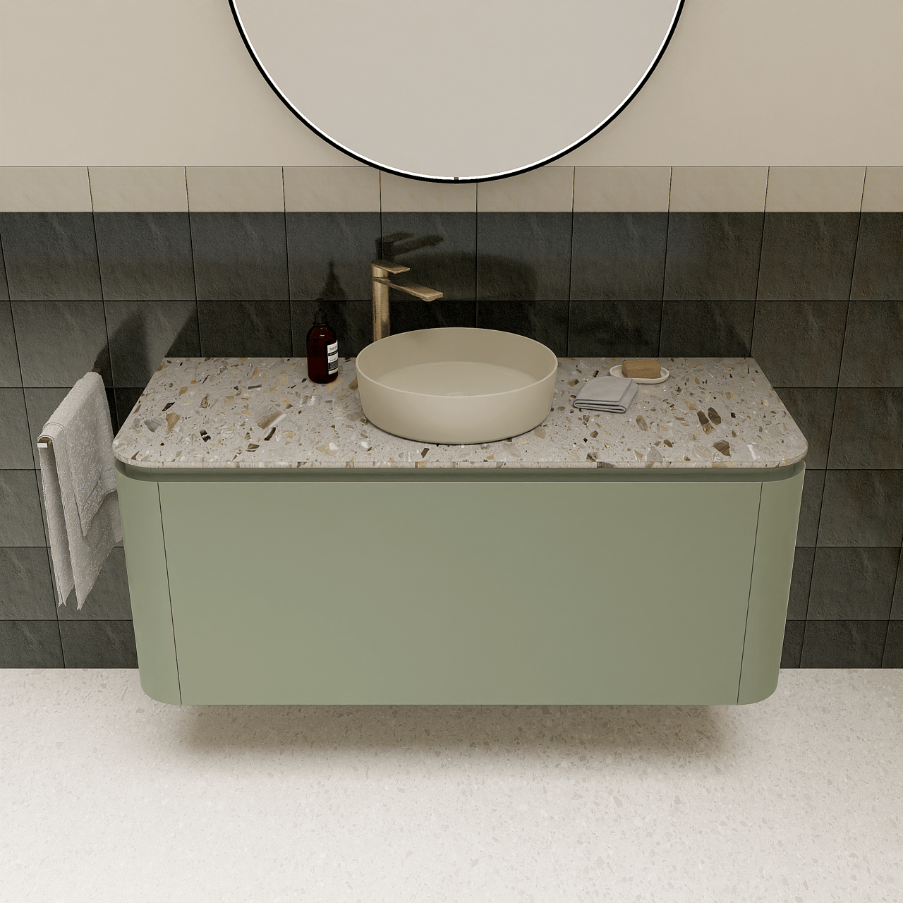 Balmani Moon Einzel- oder Doppel Waschtischplatte Terrazzo Greige 130 x 55 cm