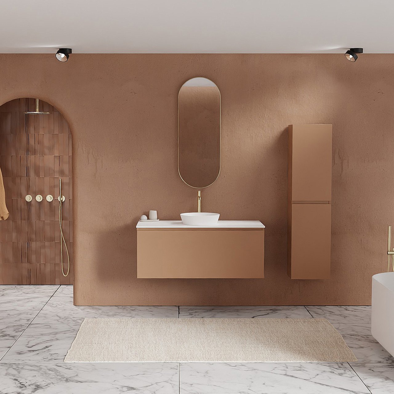 Balmani Sfera by Lucida zwevend badmeubel 120 x 55 cm cotto met Stretto enkel of dubbel wastafelblad in solid surface mat wit