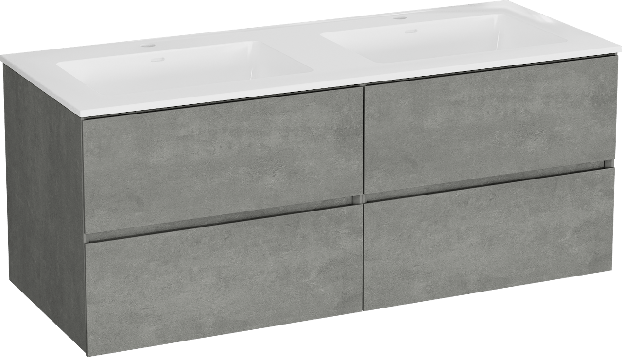 Storke Edge meuble salle de bains suspendu 130 x 52 cm béton gris foncé avec Bilia double vasque en marbre composite blanc brillant