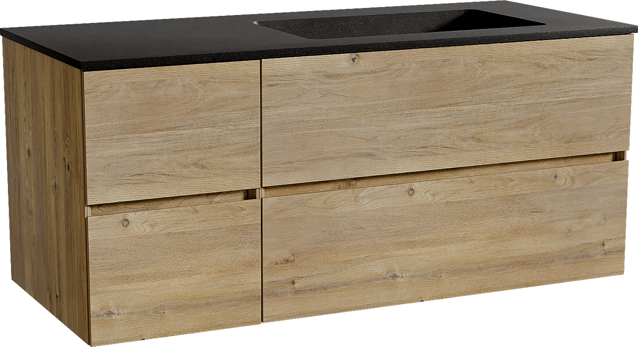 Storke Edge zwevend badmeubel 120 x 52 cm ruw eiken met Scuro asymmetrisch rechtse wastafel in kwarts mat zwart