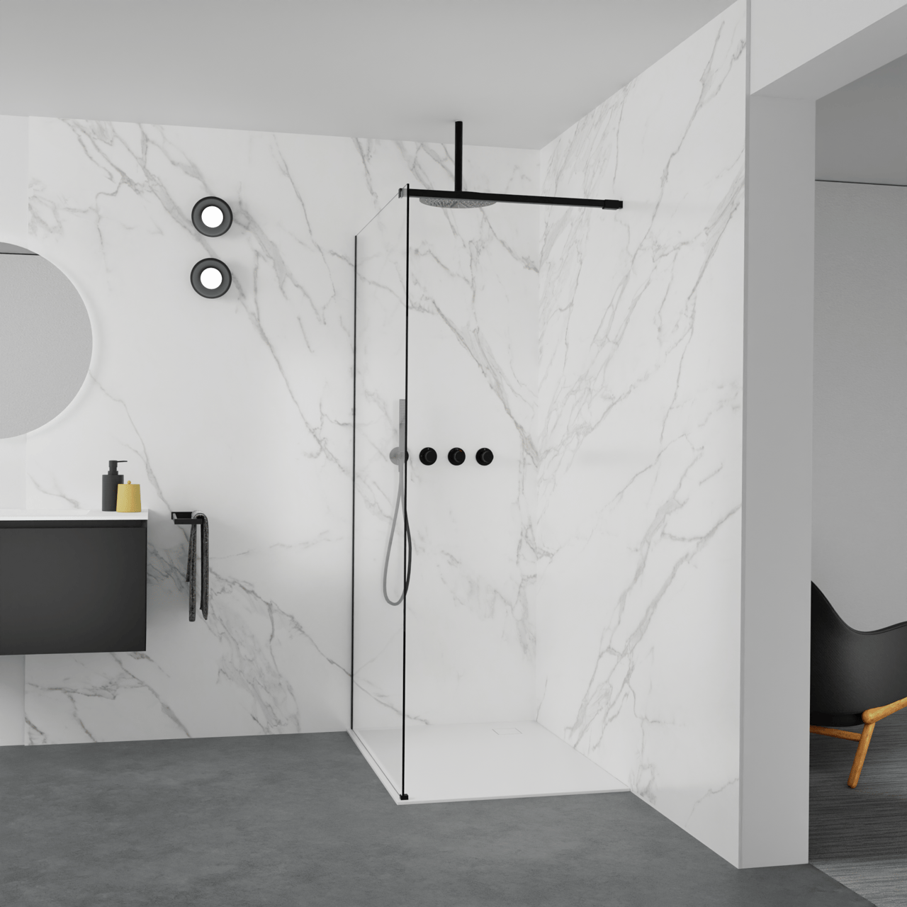 Balmani Modular douche à l'italienne: 110 x 200 cm, Verre transparent, avec coating, Profil Noir mat