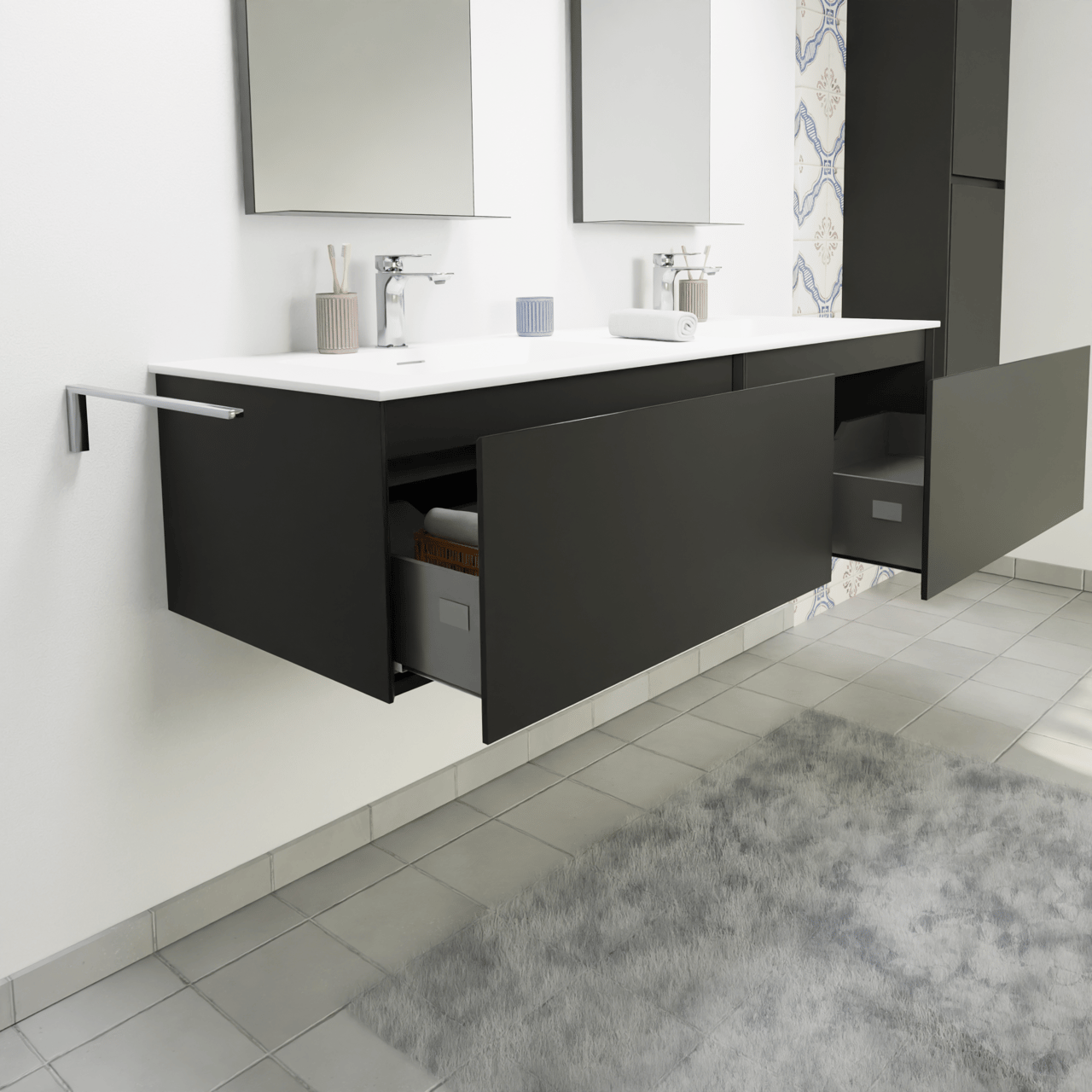Storke Edge zwevend badkamermeubel 150 x 52 cm mat zwart met Mata dubbele wastafel in solid surface mat wit