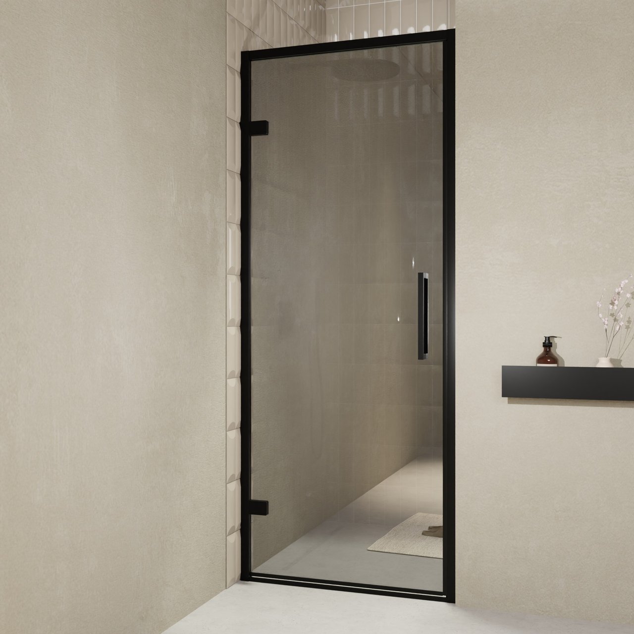 Balmani Senses Design porte pivotante à gauche 90 cm x 210 cm verre Miroir Reflex, Profil noir, coating inclus