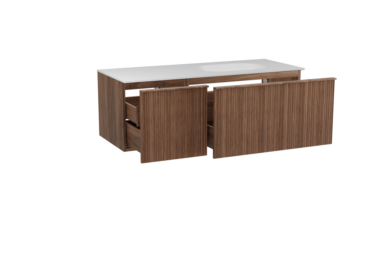 Balmani Forma zwevend badmeubel 135 x 55 cm amerikaans notenhout met Tablo Oval asymmetrisch rechtse wastafel in solid surface mat wit, Verticale asymmetrische ronde ribbel