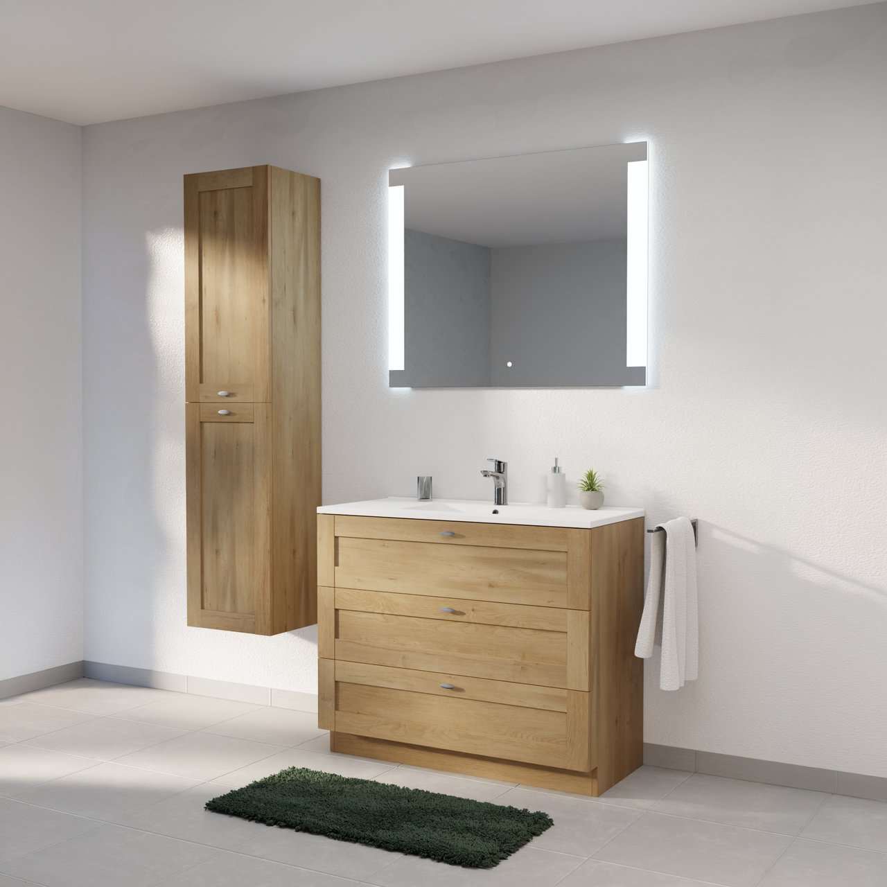 Linie Classo staand badkamermeubel 100 x 46 cm natuur eik met Vano enkele wastafel in composietmarmer glanzend wit