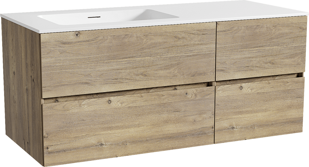 Storke Edge zwevend badkamermeubel 120 x 52 cm ruwe eik met Mata asymmetrisch linkse wastafel in solid surface mat wit