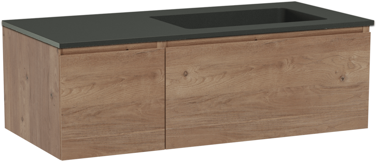 Storke Edge zwevend badmeubel 110 x 52 cm ruw eiken met Scuro asymmetrisch rechtse wastafel in kwarts mat zwart