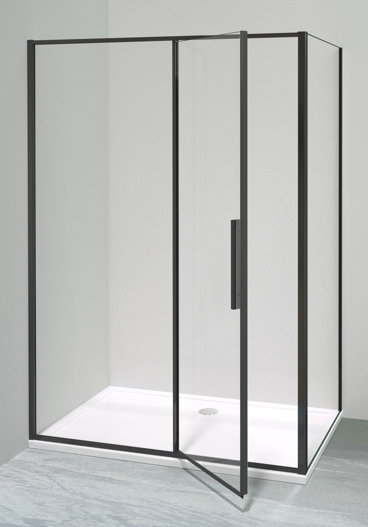 Luca Varess Morano paroi d'angle avec porte pivotante avec 2 panneaux latéraux fixes 90 x 140 cm verre transparent profil noir mat