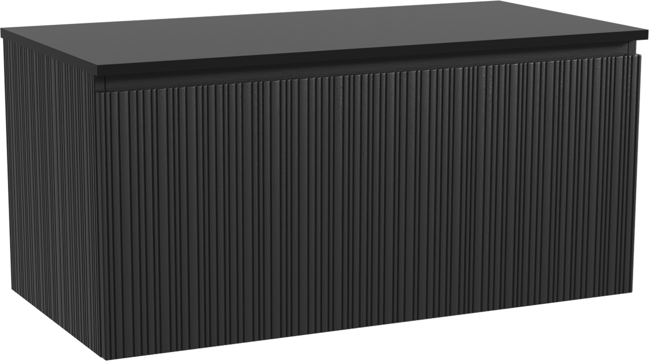 Storke Ribs zwevend badmeubel 105 x 52 cm zwart eiken met Panton enkel wastafelblad in gepoedercoate mdf mat zwart, Verticale asymmetrische rechte ribbel