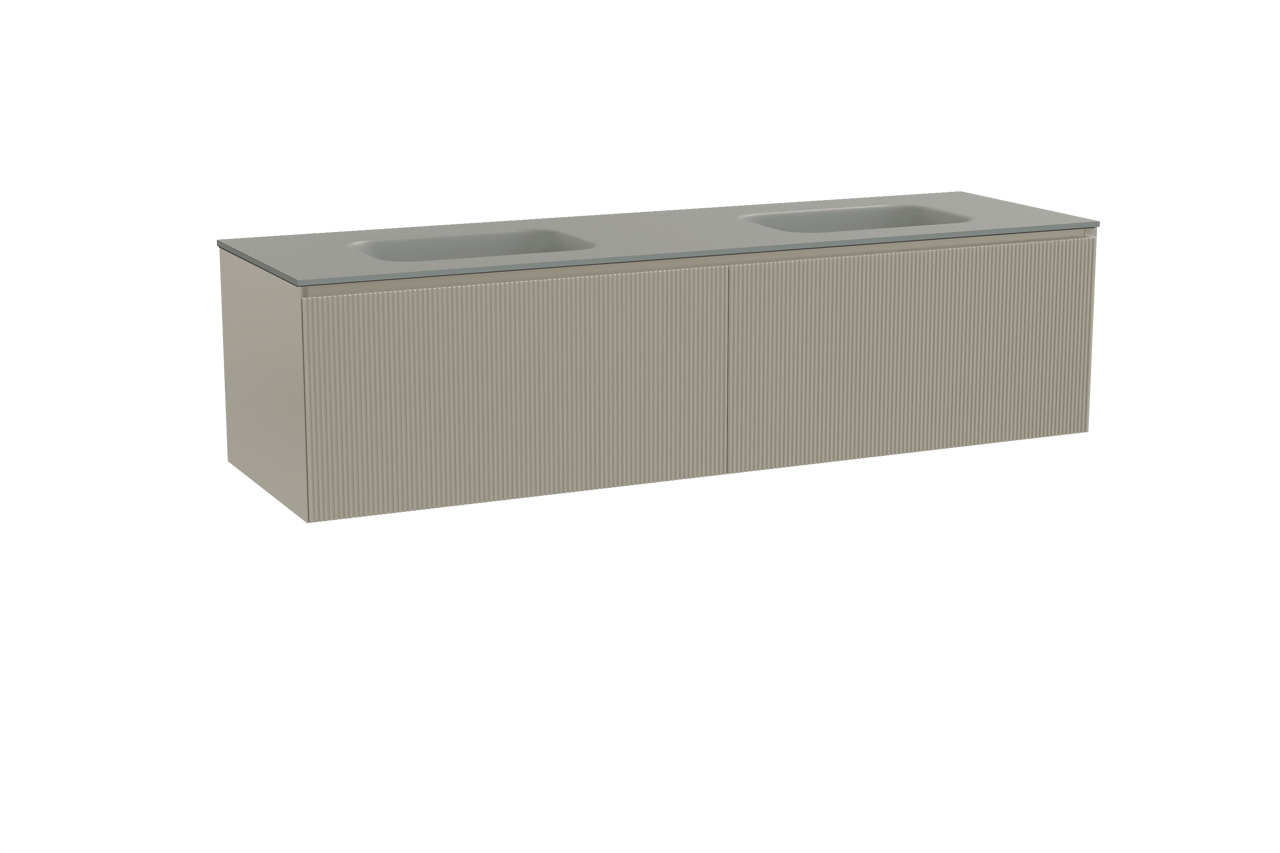 Balmani Fila by Mitra zwevend badmeubel 180 x 55 cm steengrijs met Tablo Arcato dubbele wastafel in solid surface steengrijs, Verticale symmetrische rechte ribbel