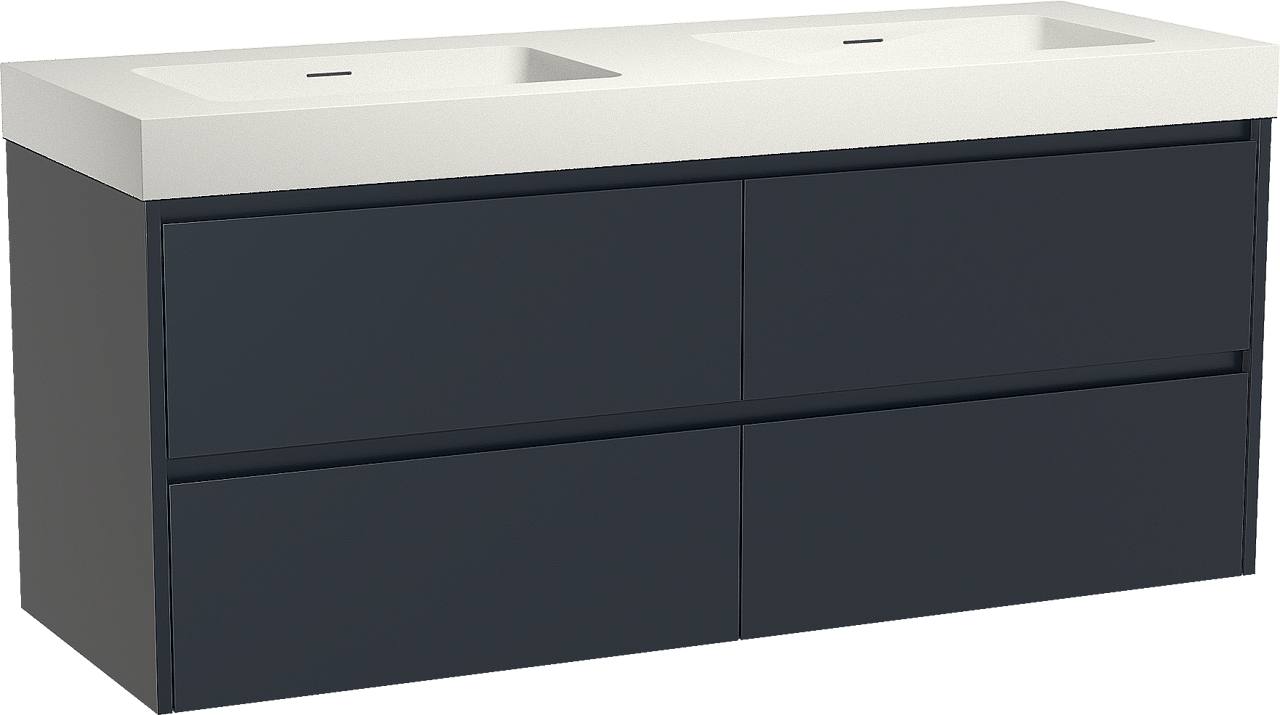 Storke Seda zwevend badmeubel 150 x 52 cm nachtblauw met Mata High dubbele wastafel in solid surface mat wit