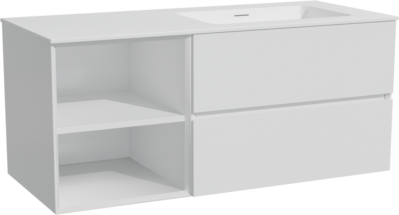 Storke Edge meuble salle de bains suspendu 120 x 52 cm blanc brillant avec Mata plan vasque asymétrique à droite en solid surface blanc mat