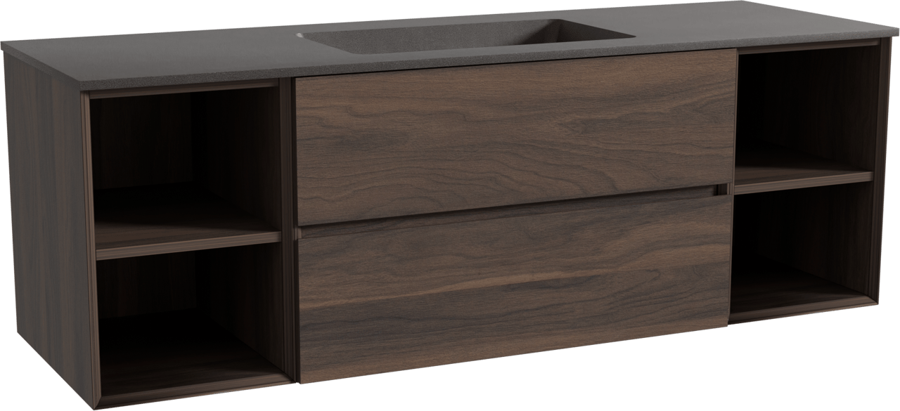 Storke Edge zwevend badkamermeubel 155 x 52 cm notelaar met Scuro enkele wastafel in kwarts mat zwart