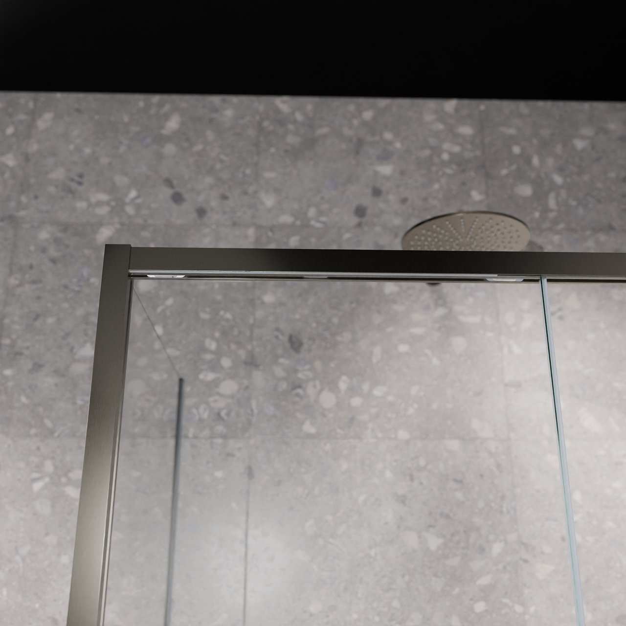 Balmani Senses Design Eckdusche: Schiebetür (Rechts) mit fixierte Seitenwand, 140 x 90 cm, Klarglas mit mattiertem Streifen, Profil Brushed GunMetal