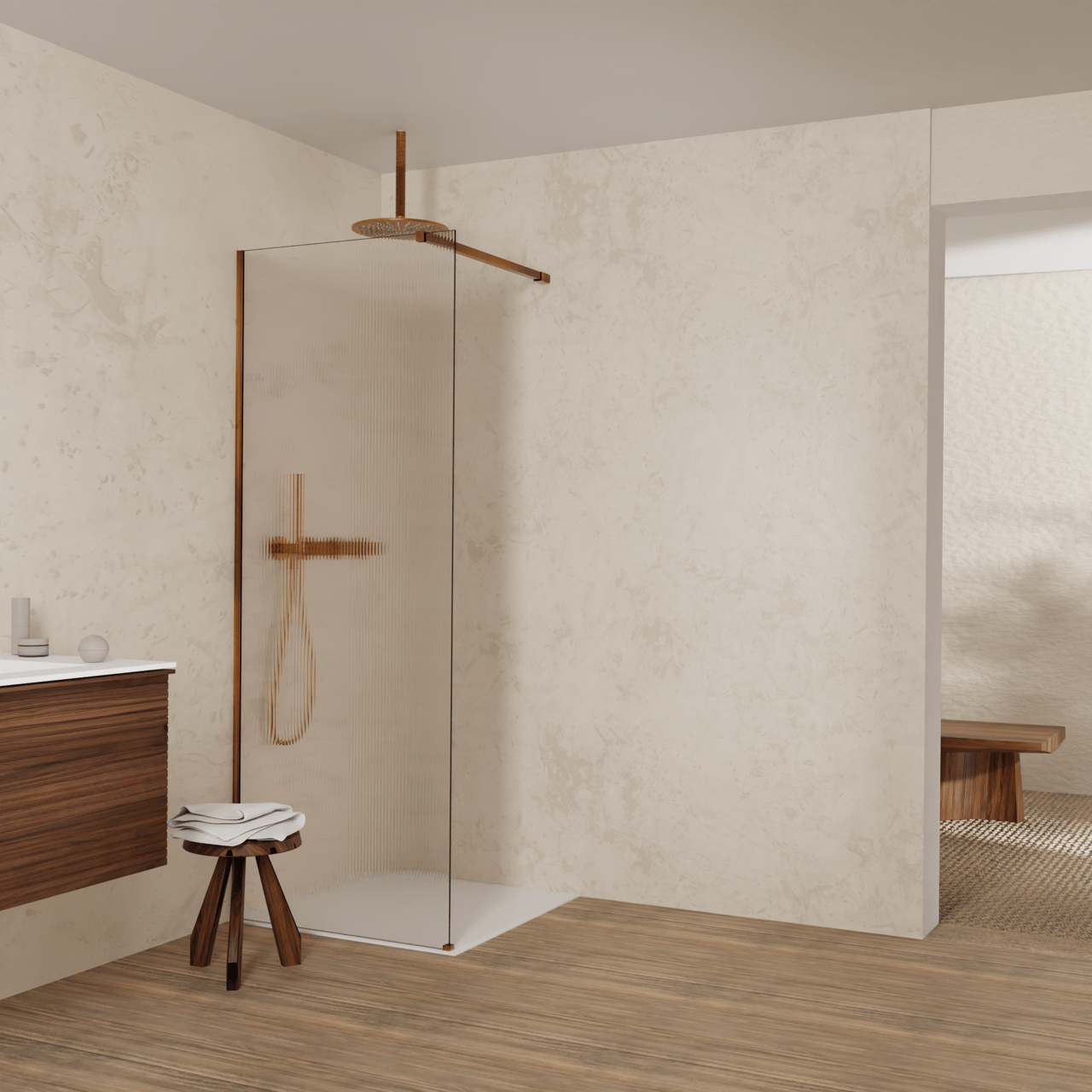 Balmani Modular inloopdouche: 80 x 200 cm, Ribs met coating, Brushed Rosegold profielen
