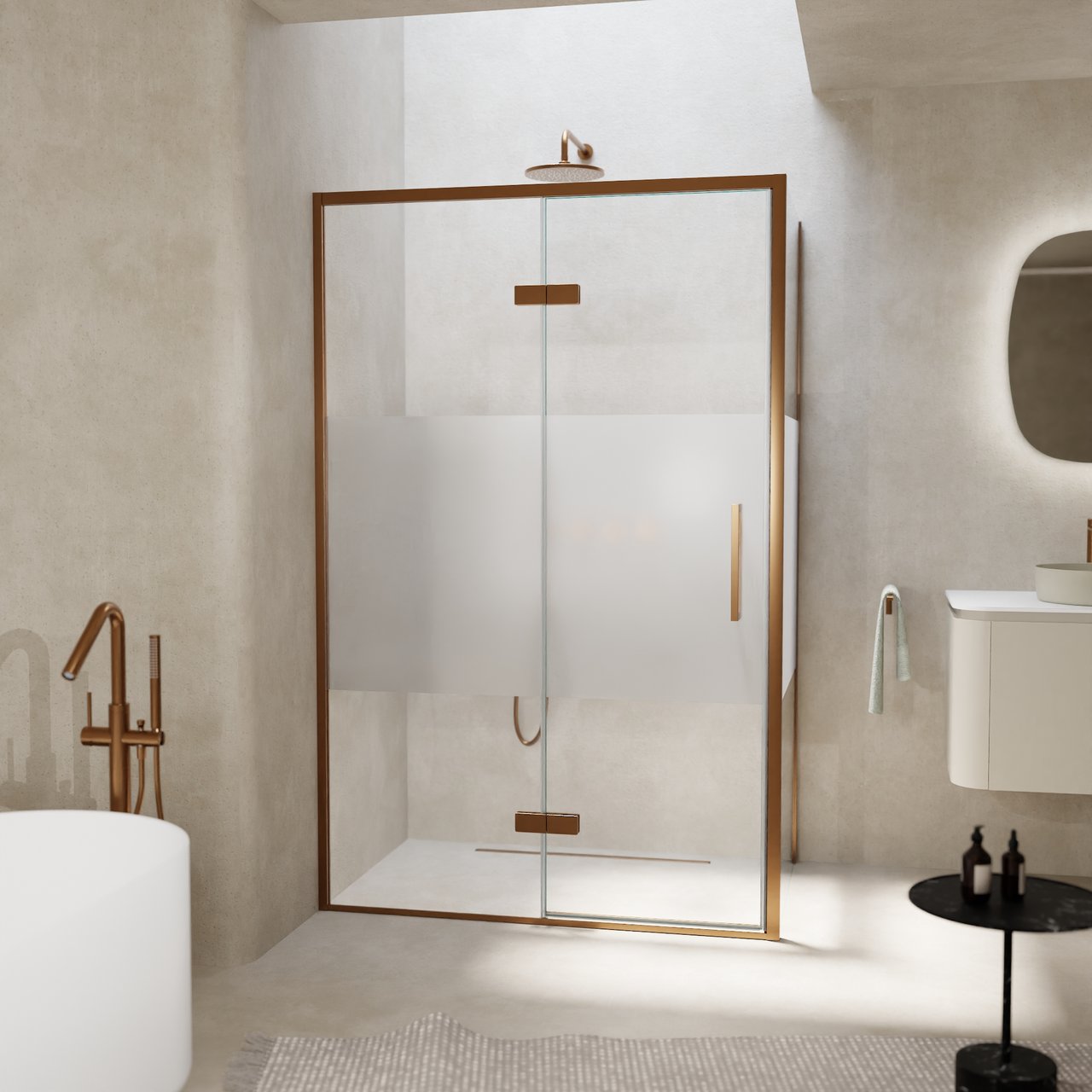 Balmani Senses Design douchehoek met linkse draaideur en vaste zijwand, 120 x 100 cm, Helder glas met matte strook, Brushed Rosegold profielen, met coating