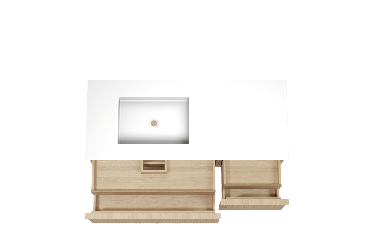 Balmani Forma hängendes Möbelstück Set: 135 x 55 cm, Naturbelassene Eiche, mit Tablo Stretto Waschtisch links, Solid Surface, Weiß matt, Vertikale asymmetrische Runde Rippe